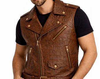 Herrväst i brunt läder – Krokodilpräglad bikerväst, slim fit