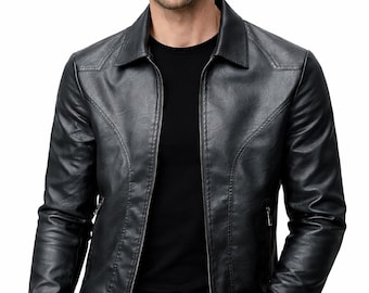 Svart herrjacka i äkta läder – Slim fit i bikerstil