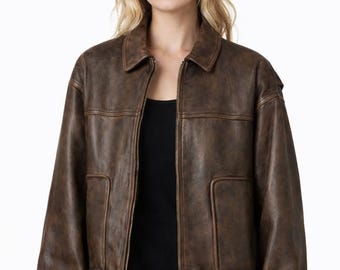 Dam Bomberjacka i slitet brunt äkta läder – Retro överdimensionerad bikerjacka