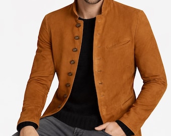 Men's Handmade Lambskin Leather Jacket, Slim Fit Mandarin Collar Blazer