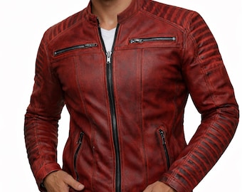 Herrjacka i röd fårskinnsläder med slitning – ribbad ärm