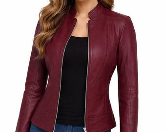 Damvinröd bikerjacka i lammskinn – Slim fit i café racer-stil