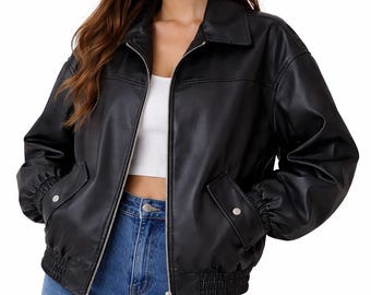 Black Real Leather Bomber Jacket – Oversized Relaxed Fit Biker Coat