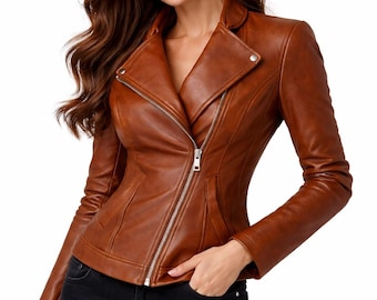 Brun bikerjacka i äkta läder – Slim fit asymmetrisk motorcykelkappa