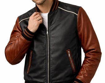 Herrbomberjacka i tvåfärgat äkta läder – svart, konjaksfärgad, varsity-modell