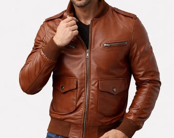 Men's Tan Genuine Leather Bomber Jacket – Slim Fit Biker Flight Coat