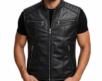 Svart herrväst i äkta lammskinn – Slim fit bikerstil, quiltad axel