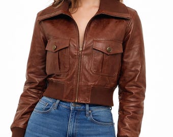 Beskuren bomberjacka i äkta brunt läder – vintage-flygjacka-stil