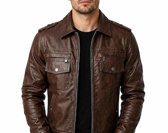 Mens Real Leather Jacket - Brown Vintage Biker Outfit - Handmade Distressed Moto Outerwear - Classic Winter Gift for Him