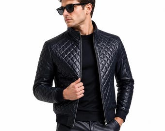 Men Real Leather Jacket - Quilted Biker Jacket - Slim Fit Bomber Coat - Black Genuine Leather Outerwear - Handmade Vintage Style Moto Jacket