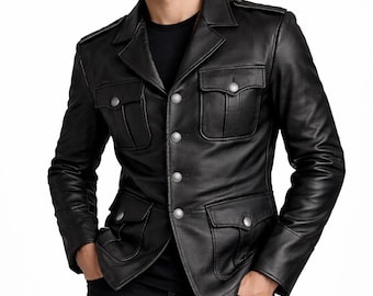 Svart läderjacka i safariläder för män – Militär stil Utility Blazer
