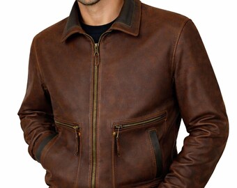 Men's Distressed Brown Real Leather Bomber Jacket – Vintage Flight Biker Coat