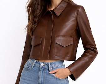 Brun, kort bikerjacka i äkta läder – Slim fit moto-skjortjacka