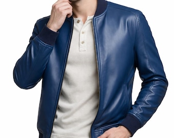 Marinblå bomberjacka i äkta läder för män – Slim Fit Varsity Moto Outwear