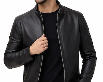 Herrbikerjacka i äkta läder – Slim Fit Svart Moto Streetwear