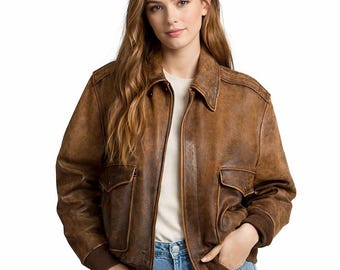 Damjacka i slitet brunt läderpilotbomberjacka – Vintage överdimensionerad flygjacka
