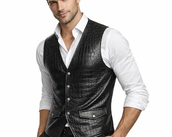 Herr svart läderväst – Krokodilpräglad slim fit bikerväst