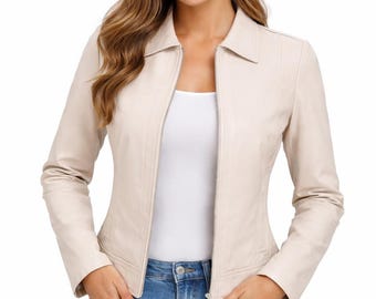 Beige lammskinnsjacka för kvinnor – Slim fit minimalistisk kavaj