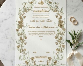 Bewerkbaar islamitisch Nikah Nama-certificaat | Neutraal bloemenpatroon islamitisch huwelijksdocument (digitale download)