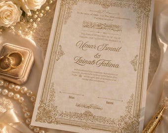 Luxe islamitisch Nikah Nama-certificaat, ivoorkleurig en goudkleurig islamitisch huwelijkscontract (digitale download)