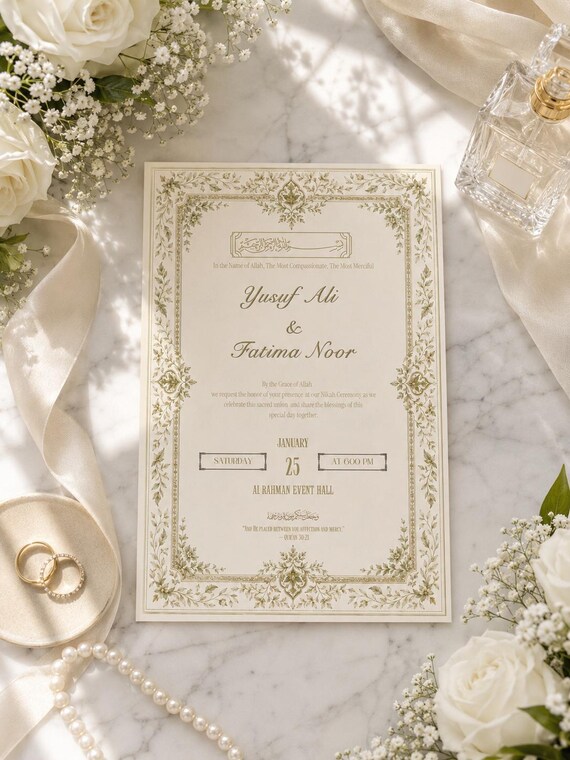Editable Nikah Invitation Template | Islamic Wedding Card, Floral Border Design (Digital Download)