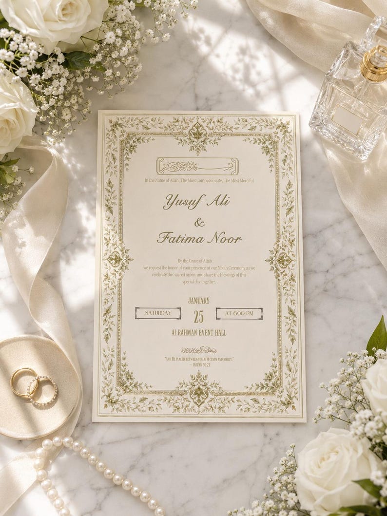Editable Nikah Invitation Template | Islamic Wedding Card, Floral Border Design (Digital Download) image 1