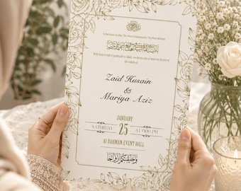 Islamitische Nikah-uitnodigingssjabloon | Bloemengroene Arabische moslim trouwkaart (digitale download)