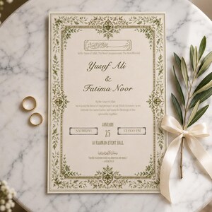 May include: A rectangular wedding invitation card with a cream background and a green floral border. The text reads Yusuf Ali & Fatima Noor, Nikah Ceremony, January 25, 6:00 PM, Al Rahman Event Hall. Two gold rings and an olive branch are present.