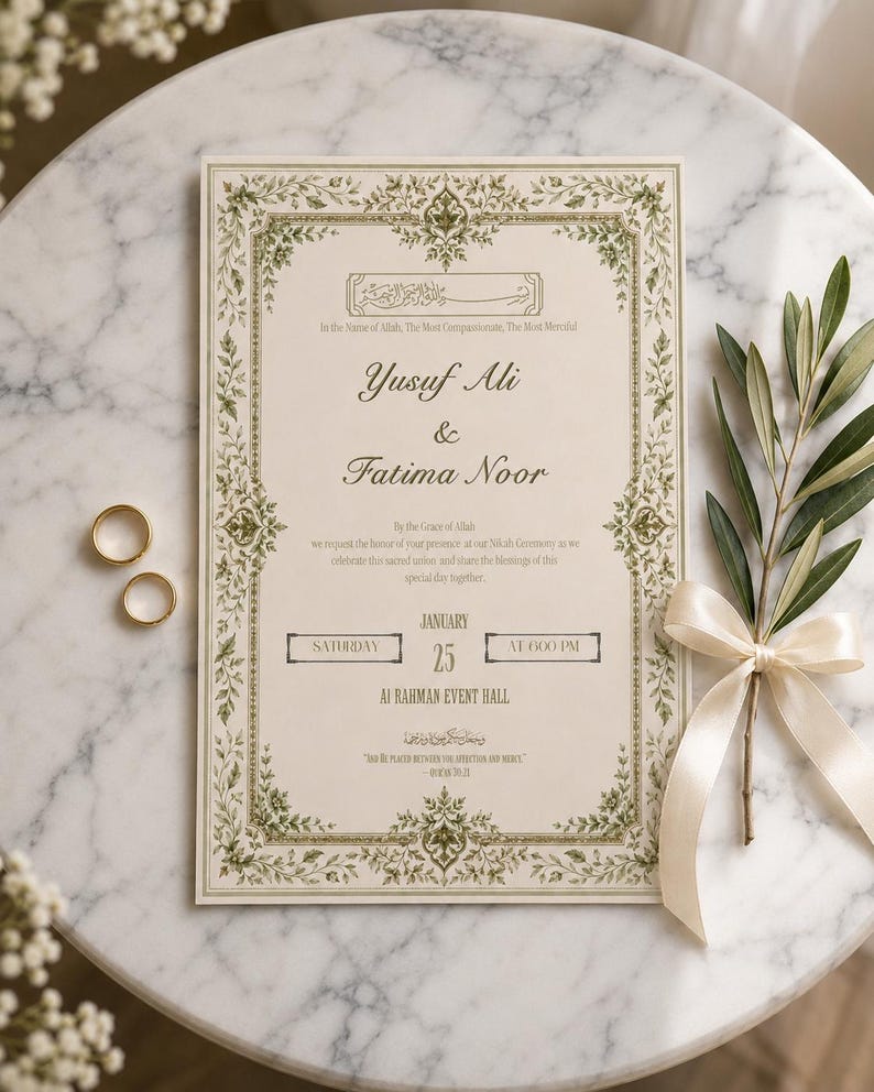 May include: A rectangular wedding invitation card with a cream background and a green floral border. The text reads Yusuf Ali & Fatima Noor, Nikah Ceremony, January 25, 6:00 PM, Al Rahman Event Hall. Two gold rings and an olive branch are present.