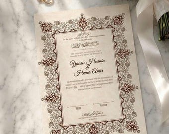 Gepersonaliseerd islamitisch Nikah Nama-certificaat, islamitisch huwelijkscontract, Arabische kalligrafie (digitale download)