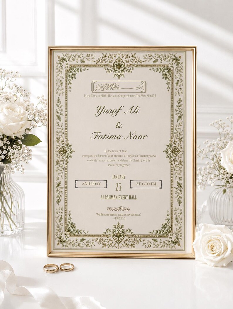 May include: A rectangular wedding invitation in a gold frame featuring green floral borders and black text. The invitation displays the names Yusuf Ali and Fatima Noor, the date January 25, and the location Al Rahman Event Hall, with two gold rings.
