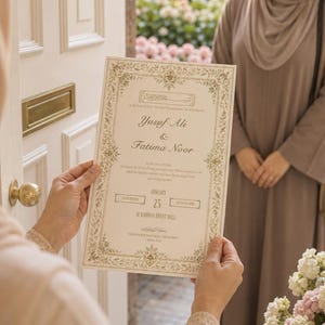 May include: A rectangular wedding invitation card featuring gold ornate floral borders and elegant typography. The text reads Yusuf Ali & Fatima Noor, Saturday January 25 at 6:00 PM, Al Rahman Event Hall, along with traditional Islamic phrases.