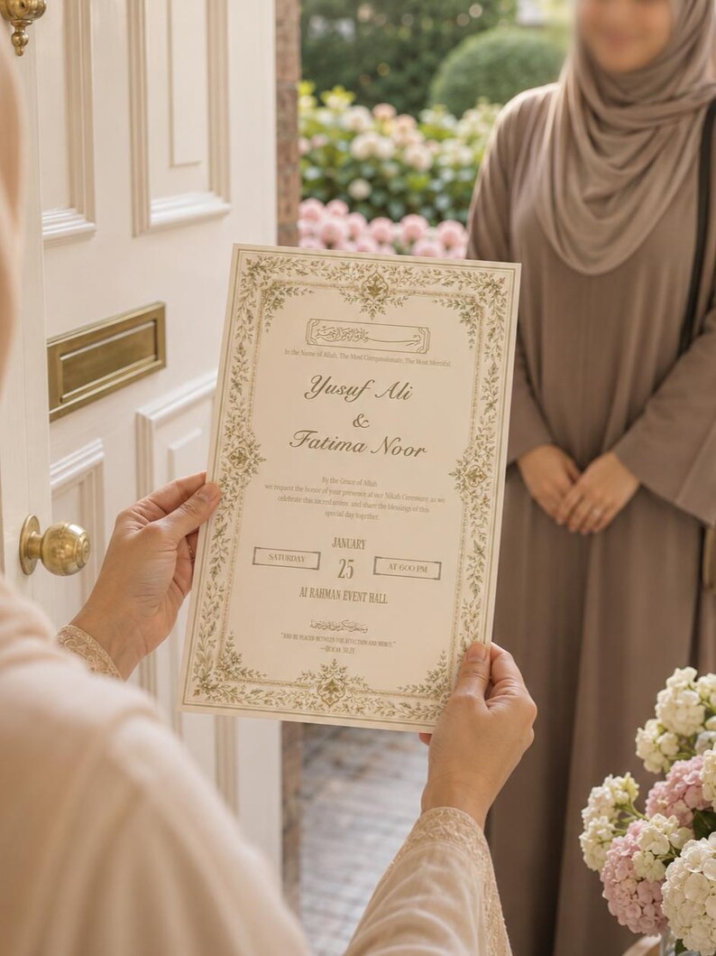 May include: A rectangular wedding invitation card featuring gold ornate floral borders and elegant typography. The text reads Yusuf Ali & Fatima Noor, Saturday January 25 at 6:00 PM, Al Rahman Event Hall, along with traditional Islamic phrases.