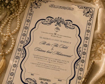Elegant blauw Perzisch Nikkah-certificaat, aangepast islamitisch huwelijkscontract (digitale download) A4 A3-formaten