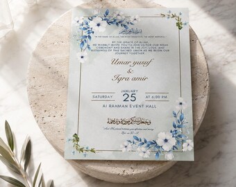 Blauwe bloemenprint islamitische huwelijksuitnodiging, islamitische trouwkaart, Arabische kalligrafie (digitale download)