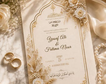 Elegant Islamic Nikah Invitation Template | Ivory Gold Muslim Wedding Card (Digital Download)
