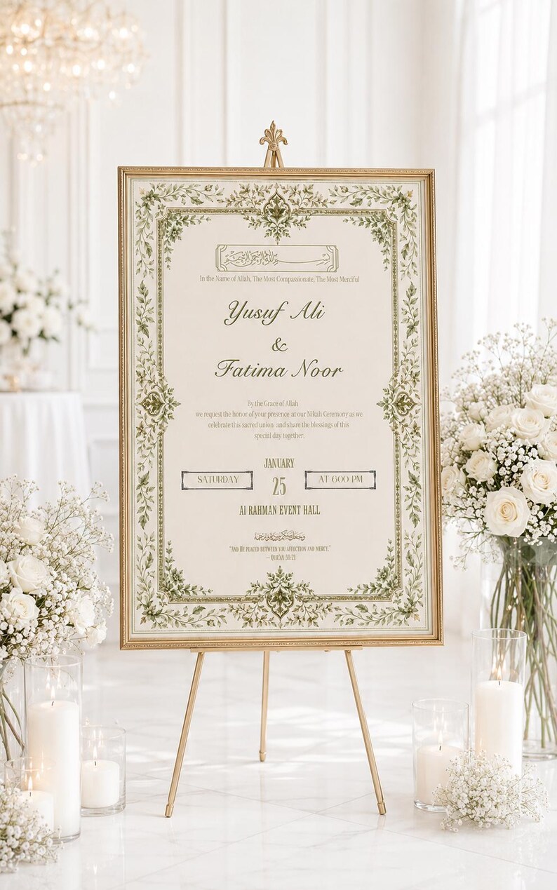 May include: A rectangular wedding sign in a gold frame on a gold easel, featuring a cream background with a green floral border. The text includes the names Yusuf Ali and Fatima Noor, the date January 25, and the location Al Rahman Event Hall.