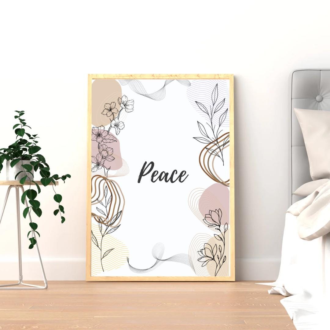 Peace Sign Neutral Peace Botanical Line Art Print, Neutral Floral Wall Decor (digital ...