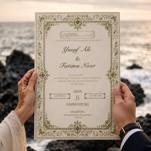 May include: A rectangular wedding invitation card featuring an ornate green and gold floral border. The text reads Yusuf Ali & Fatima Noor, Nikah Ceremony, January 25, at 6:00 PM, at Al Rahman Event Hall, with additional religious script and quotes.