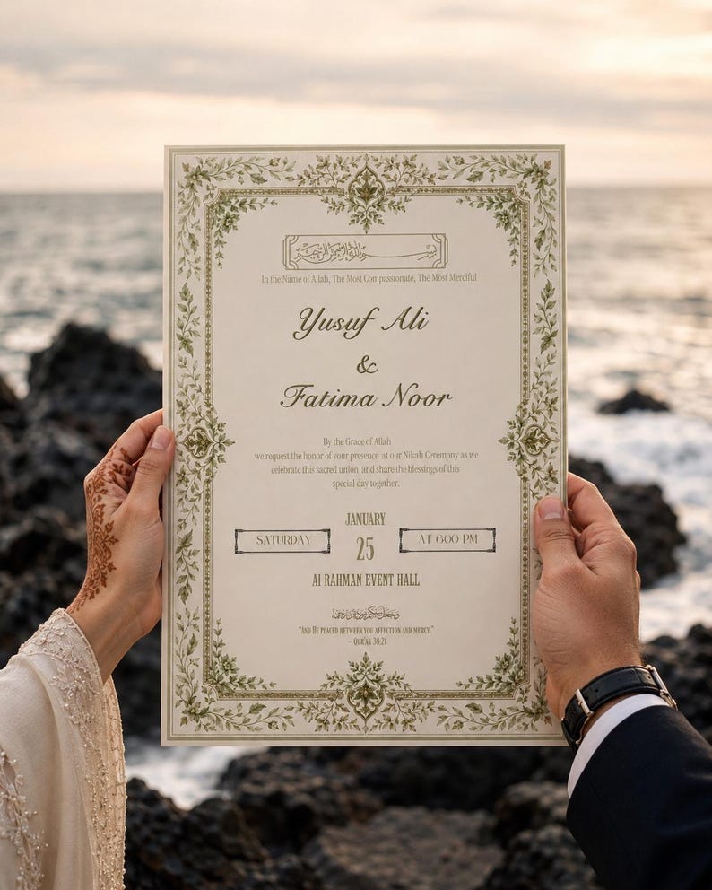 May include: A rectangular wedding invitation card featuring an ornate green and gold floral border. The text reads Yusuf Ali & Fatima Noor, Nikah Ceremony, January 25, at 6:00 PM, at Al Rahman Event Hall, with additional religious script and quotes.