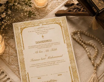 Luxe islamitische Nikkah Nama, huwelijksakte met gouden rand, Arabische bruiloft (A3 A4 US Letter)