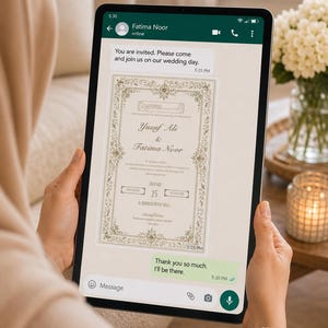 May include: A tablet screen displaying a messaging app interface with a wedding invitation. The invitation features gold ornate borders, the names Yusuf Ali and Fatima Noor, and event details including January 25 at Al Rahman Event Hall.