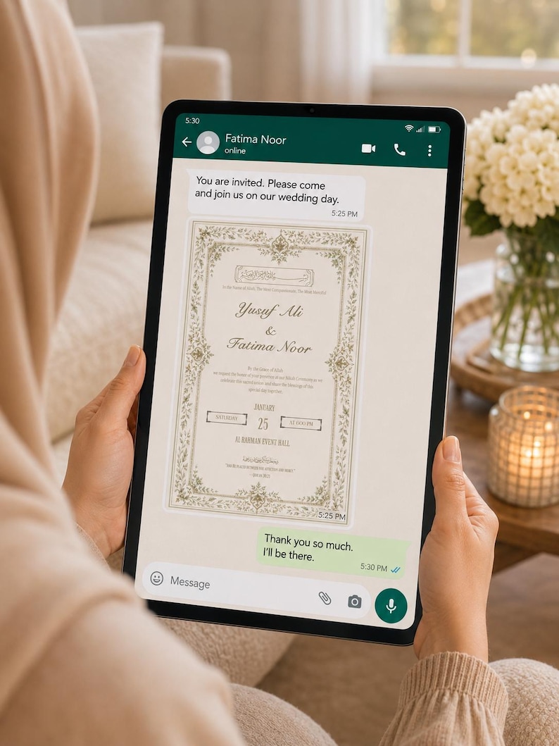 May include: A tablet screen displaying a messaging app interface with a wedding invitation. The invitation features gold ornate borders, the names Yusuf Ali and Fatima Noor, and event details including January 25 at Al Rahman Event Hall.