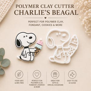 May include: A white polymer clay cutter shaped like a cartoon dog holding an ice cream cone, accompanied by a finished clay piece showing the same design. The text reads POLYMER CLAY CUTTER CHARLIE'S BEAGAL, FOOD SAFE & BPA FREE, and more.