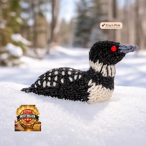 May include: A handmade knitted loon bird in black, white, and gray, with a red eye and gray beak, resting in the snow. The Etsy's Pick and Best Seller badges are visible in the image.