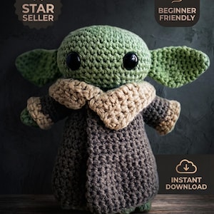 May include: A crochet doll featuring a green head with large black eyes and pointed ears, wearing a dark grey coat with a tan collar. Text on the image includes STAR SELLER, BEGINNER FRIENDLY, and INSTANT DOWNLOAD.
