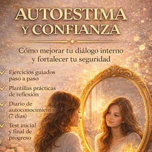 Puede incluir: Imagen que promueve la autoestima y la confianza, con una mujer mirándose en un espejo. El texto incluye "Autoestima y Confianza", "Cómo mejorar tu diálogo interno y fortalecer tu seguridad" y "PDF Digital - Descargable."