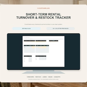Peut inclure: Un modèle numérique de suivi de rotation et de réapprovisionnement pour locations de courte durée. L'interface affiche des tableaux pour gérer les rotations, les stocks, le linge, les problèmes et les transferts, disponible en XLSX et A4.