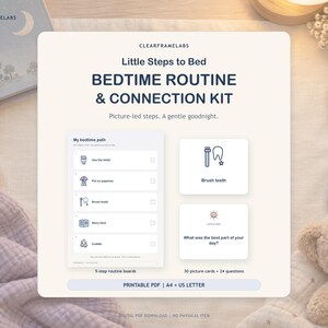 Könnte beinhalten: Ein druckbares digitales PDF-Set mit dem Titel Little Steps to Bed Bedtime Routine & Connection Kit von Clearframelabs. Es enthält ein 5-Schritte-Routineboard mit Symbolen für Toilette, Schlafanzug, Zähneputzen, Geschichte und Kuscheln sowie 30 Bildkarten.