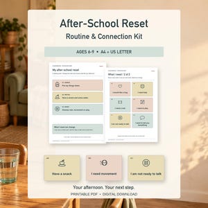 Könnte beinhalten: Ein After-School Reset Routine & Connection Kit als druckbares PDF mit zwei Seiten strukturierter Tagesaufgaben und Kommunikationskarten in Pastellfarben. Der Text enthält Überschriften wie My after-school reset.